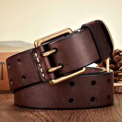 3.8cm Wide Retro Vintage Men's Belt Cowhide Genuine Leather Belt Copper Double Needle Buckle Handmade Cowboy Jeans Belt
