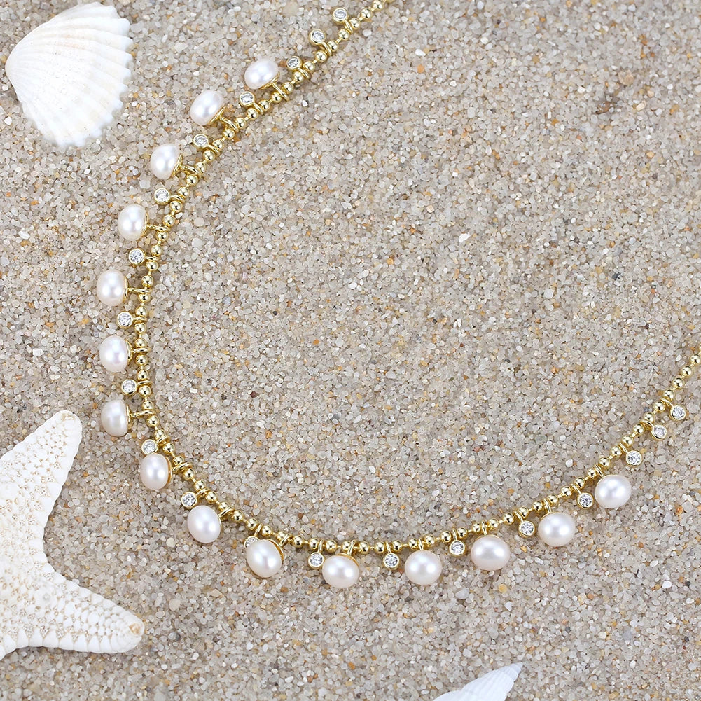 Unique 925 Sterling Silver Ball Bead Necklace with Natural Pearls Vintage Choker Neck Chain for Women Jewelry GPN37