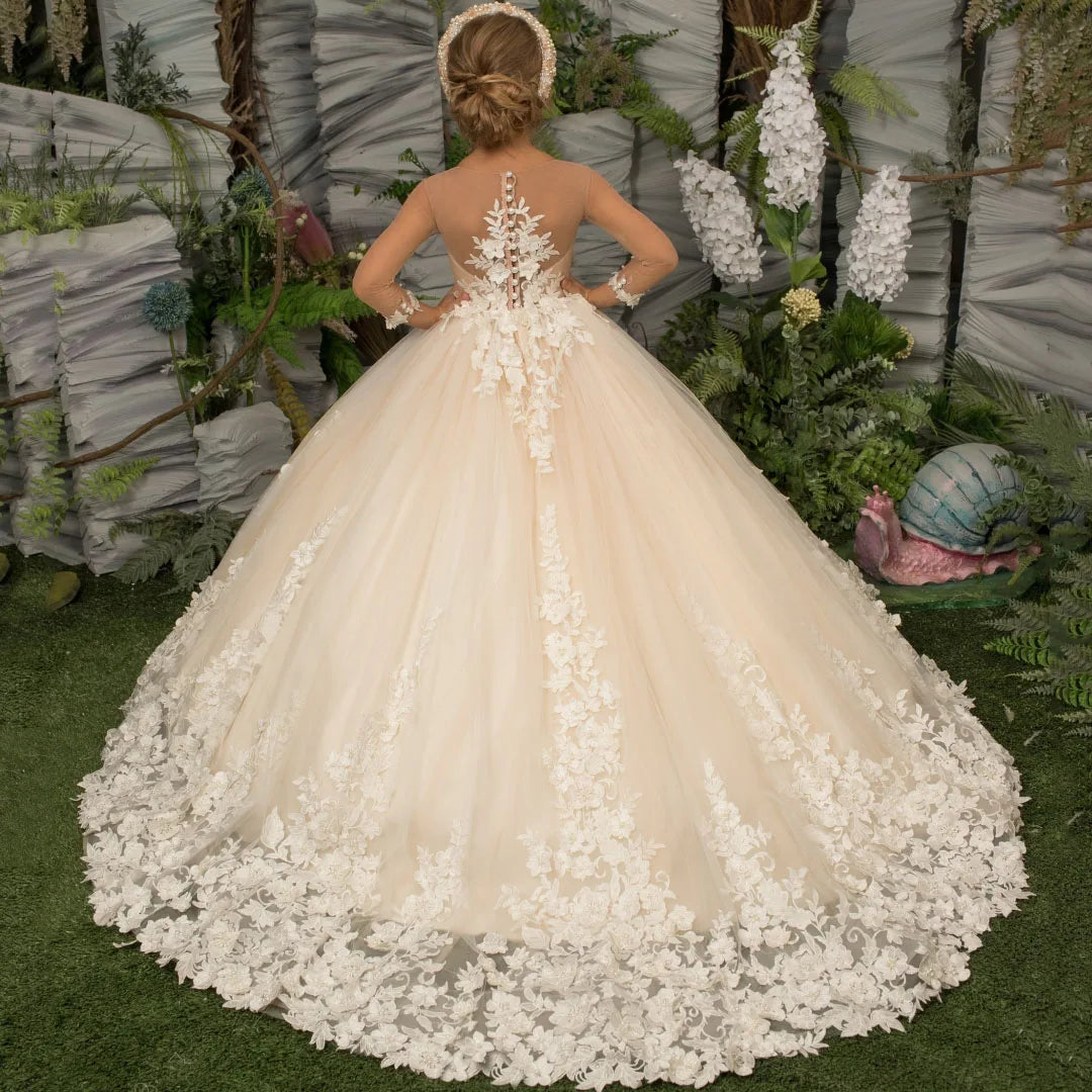 Customized Flower Girl Dress Light Champagne Pearls Floral Appliques Long Sleeve For Wedding Birthday Prom Holy Communion Gown