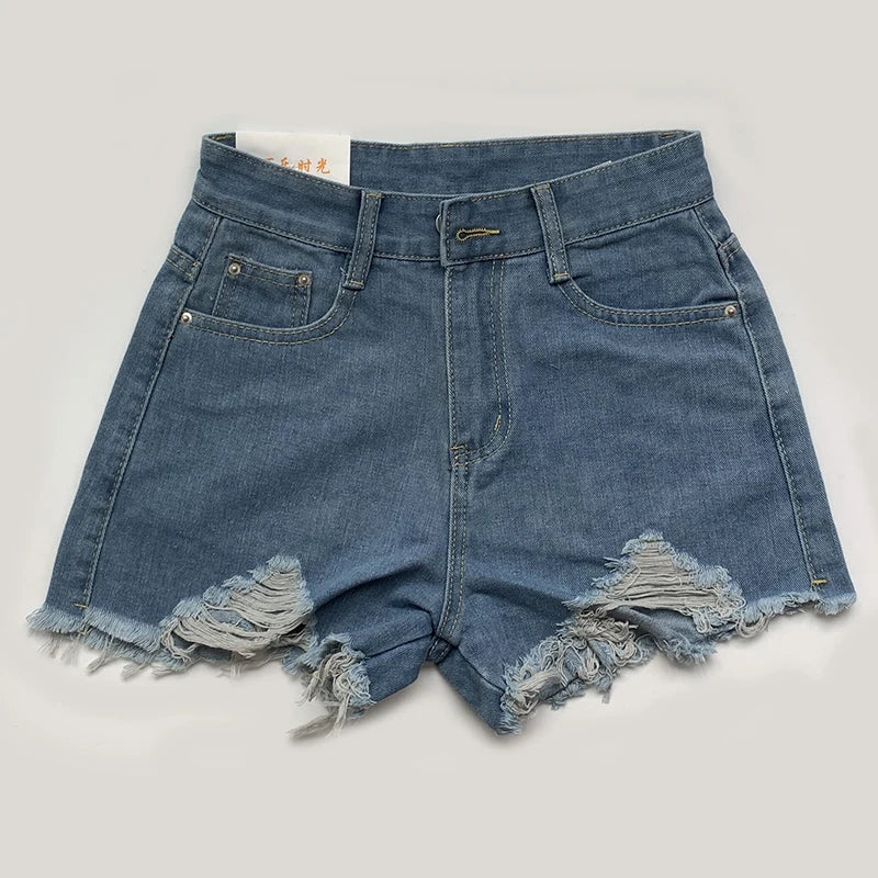 Summer Korean Women's Cowboy Shorts High Waist Casual Blue Denim Shorts Pocket Tassel Perforated Fashion Shorts Y2K Female Jeans