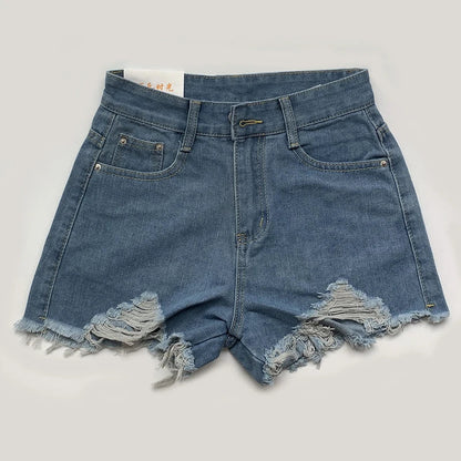 Summer Korean Women's Cowboy Shorts High Waist Casual Blue Denim Shorts Pocket Tassel Perforated Fashion Shorts Y2K Female Jeans