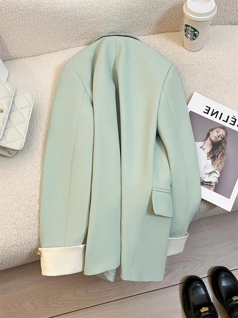 Mint Green Women Blazers 2025 Spring New Jackets Single Breasted Unique Cuff Design Notched Casual Suit Jacket Fashion Lady Coat