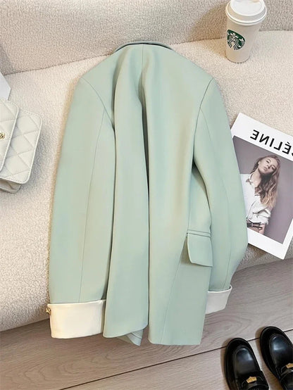 Mint Green Women Blazers 2025 Spring New Jackets Single Breasted Unique Cuff Design Notched Casual Suit Jacket Fashion Lady Coat