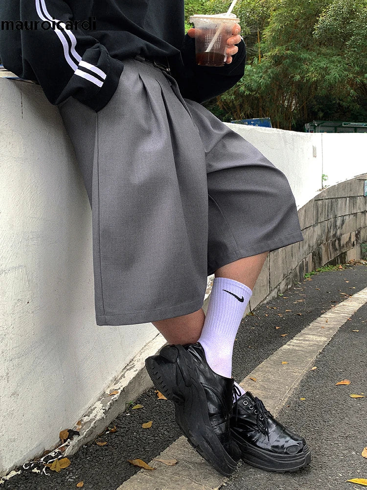 Spring Summer Loose Casual Soft Grey Pleated Shorts for Men with High Waist Short Straight Pants Korean Clothes 2024