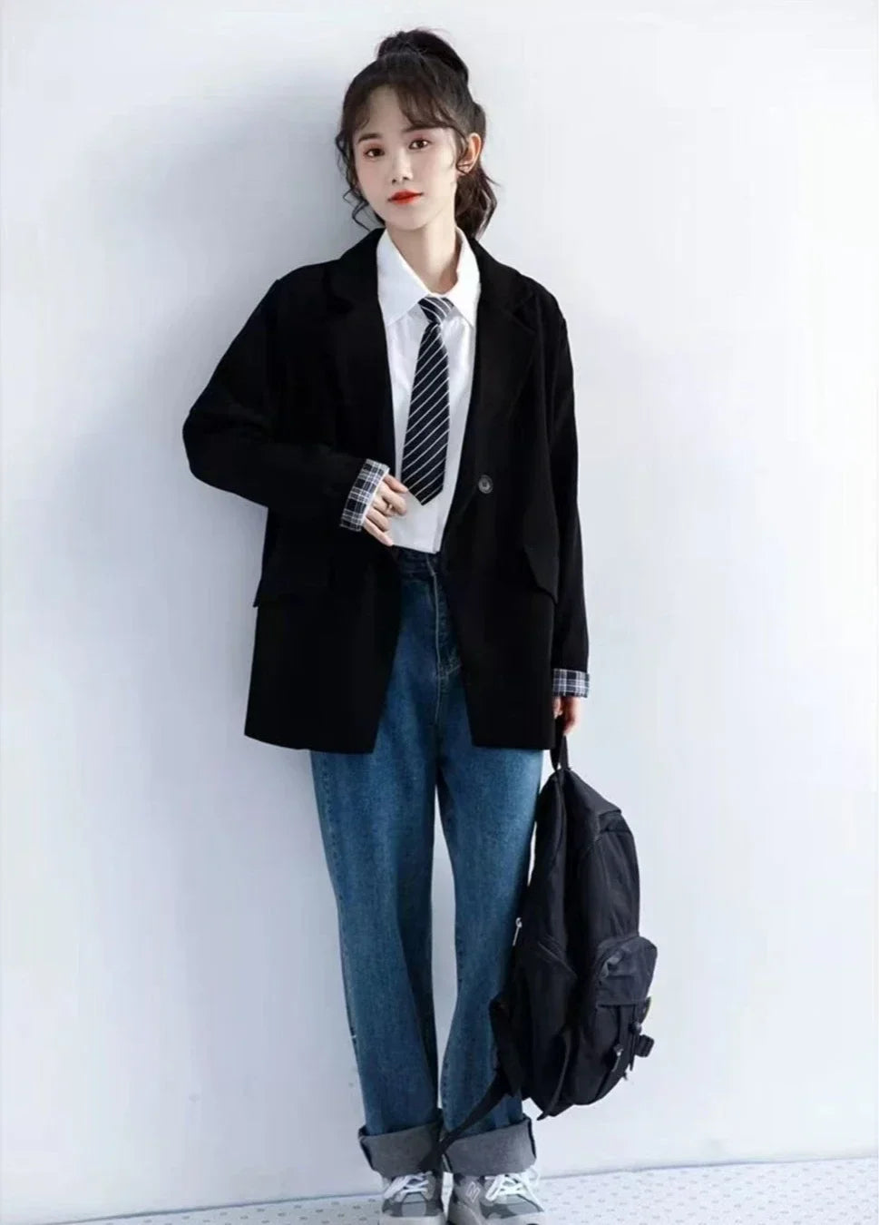 Petite Women's Spring Autumn Black Rolled Cuffs Blazer New Arrival Loose Vintage Casual Plaid Korean Style Chic Suit Jacket