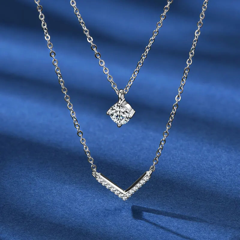 Certified Moissanite V-shape Pendant Double Necklaces Chains for Women S925 Sterling Silver Fine Jewelry Gifts Collares