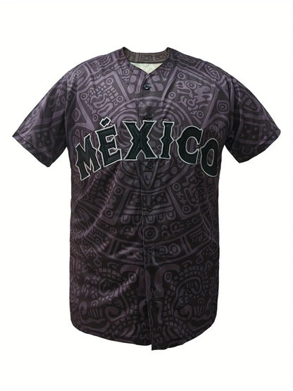 Men's Baseball Jersey Short Sleeve with "MEXICO" Embroidery Breathable Loose Fit for Casual Parties, Sports & Outdoor Activities