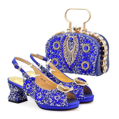 Italian Shoes and Bags Matching Set Decorated with Rhinestone Shoe and Matching Bag for Nigeria Party Wedges Shoes for Women