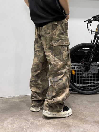 Vintage Camouflage Cargo Pants Men Tactical Multi Pocket Loose Fit Straight Leg Outdoor Casual High Quality Work Pants Trendy