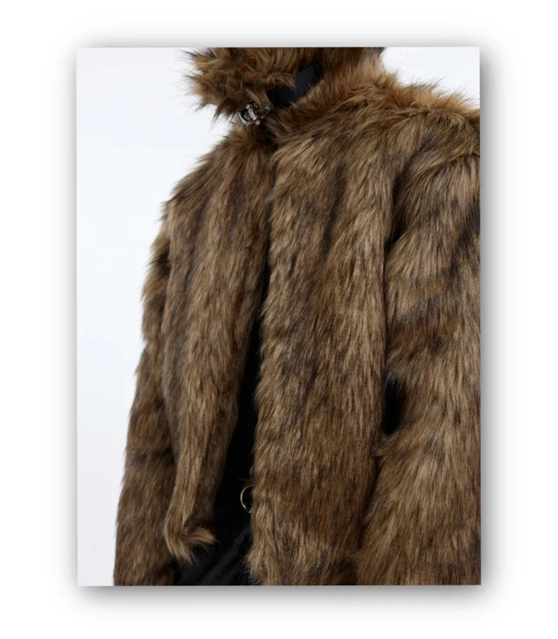 Winter Short Thick Warm Brown Hairy Soft Faux Fur Coat Men with Turn-down Collar Long Sleeve Fluffy Jackets 2024