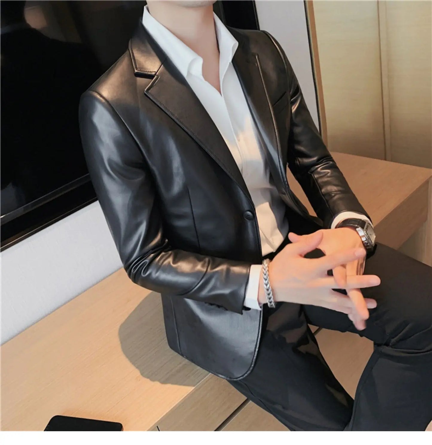 Men's Leather Jacket 2024 Autumn Highend Fashion Solid Slim Fit Business Blazers Coats Korean Casual PU Leather Suit Tuxedo