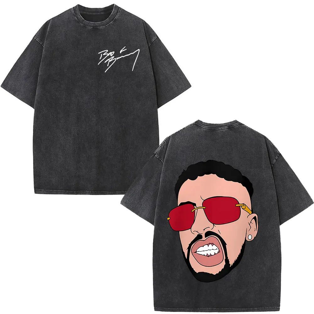 Rapper Bad Bunny Washed Vintage T-shirt Debi Tirar Mas Fotos DTMF World Tour T Shirts Men's Fashion Hip Hop T-shirts Streetwear