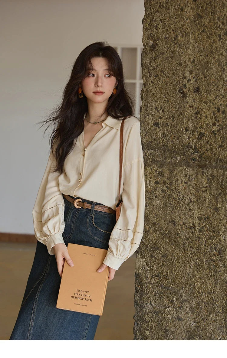 Women's Shirt Lantern Sleeve Hollow Out Tops 2025 Autumn Single Breasted Solid Shirts Lapel Shirt Office Lady MXE41C2359
