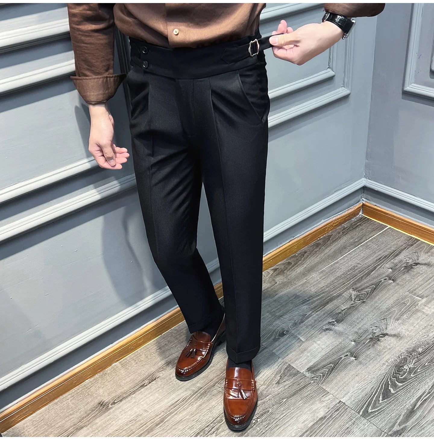 Italian Style Naples High Waisted Straight Pants Men High Quality Solid Color Business Casual Formal Office Social Suit Pants