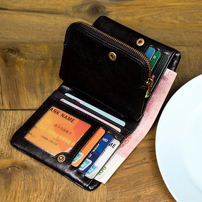 Original vegetable tanned cowhide short wallet, retro top layer cowhide wallet, handmade genuine leather multifunctional wallet