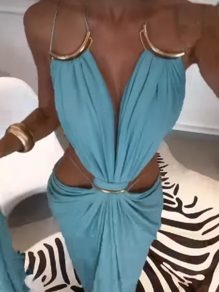 Sexy Halter Strap Long Dress Deep V Pleated Waist Recessed Backless Slim Fit Robe 2026 Summer Vacation Seaside Elegant Lady Gown