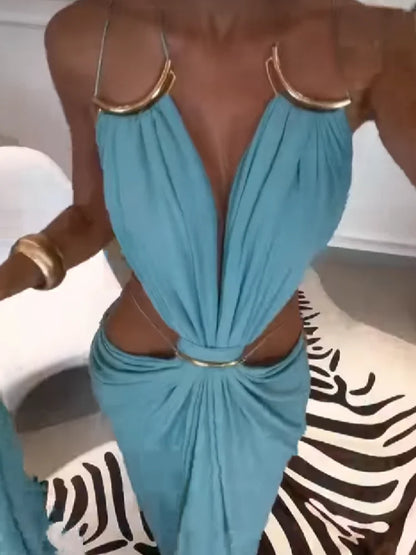 Sexy Halter Strap Long Dress Deep V Pleated Waist Recessed Backless Slim Fit Robe 2026 Summer Vacation Seaside Elegant Lady Gown
