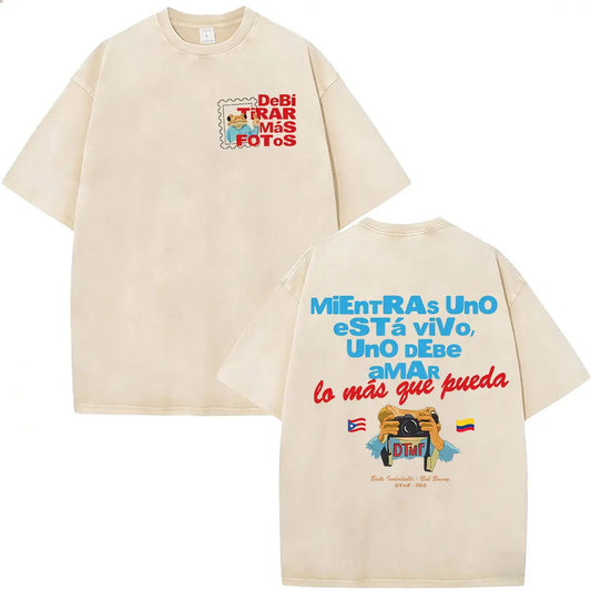 Rapper Bad Bunny Vintage Washed T Shirts Debi Tirar Mas Fotos DTMF T-shirts Men's Clothing Fashion High Quality T-shirt Couples
