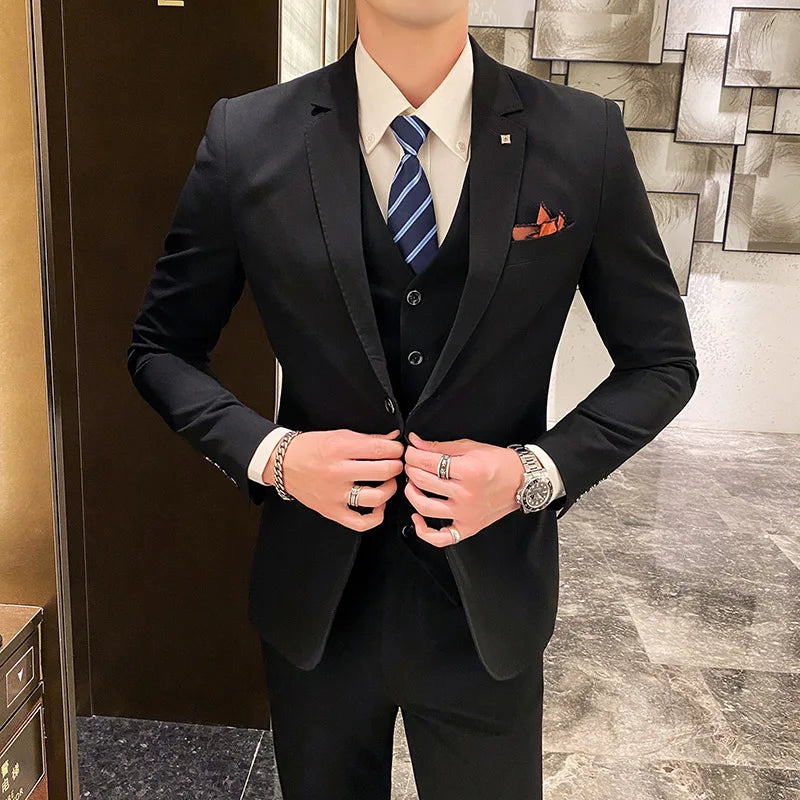 Men's Large Size Three-Piece Suit Set - High-Quality Solid Color Fashion Business Professional Suit with Vest And Trousers
