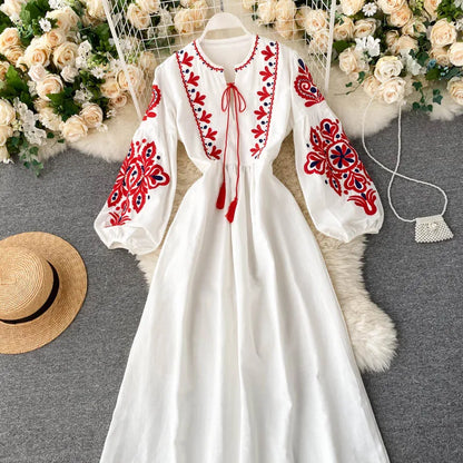 n Sle Embroidered Flower Long Sve Loose Fit Lantern Sve Gathered Slimming A-Line Dr Women's round Ne Dr