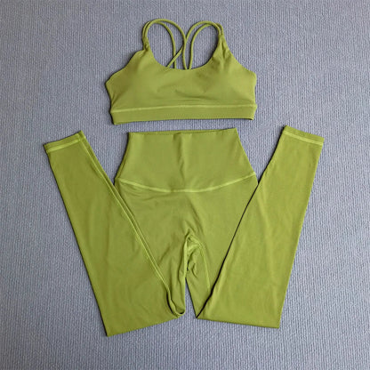 2 Pcs Women's Gym Tights Yoga Sports Set High Waist Leggings Cross Back Bra Top Fitness Running Workout Tracksuit