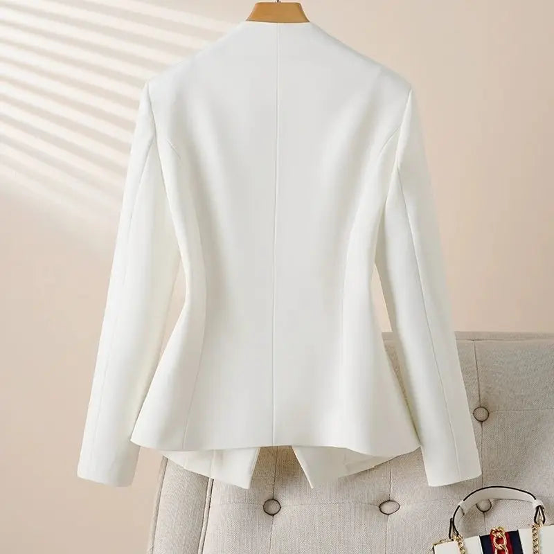 2026 New Short Little Blazer Coat Female Spring Autumn Fashion Collarless Suit Jacket Woman White Outerwear Slim V-neck  Outcoat