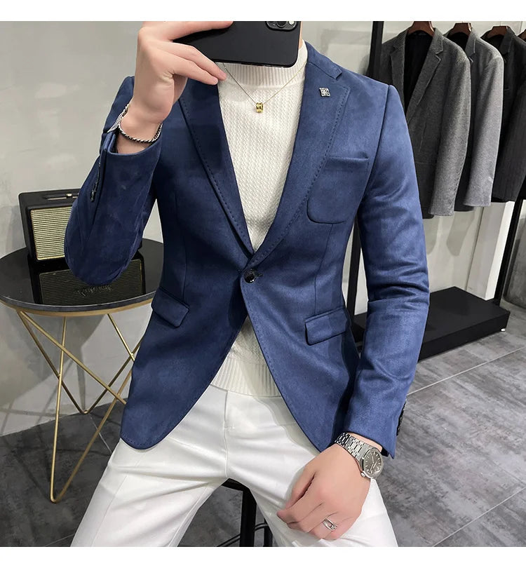Deerskin Leather Jacket Blazer Men Casual Slim Fit Blazer Hombre Suit Leather Jacket Men Terno Masculino Men Clothing 6 Color