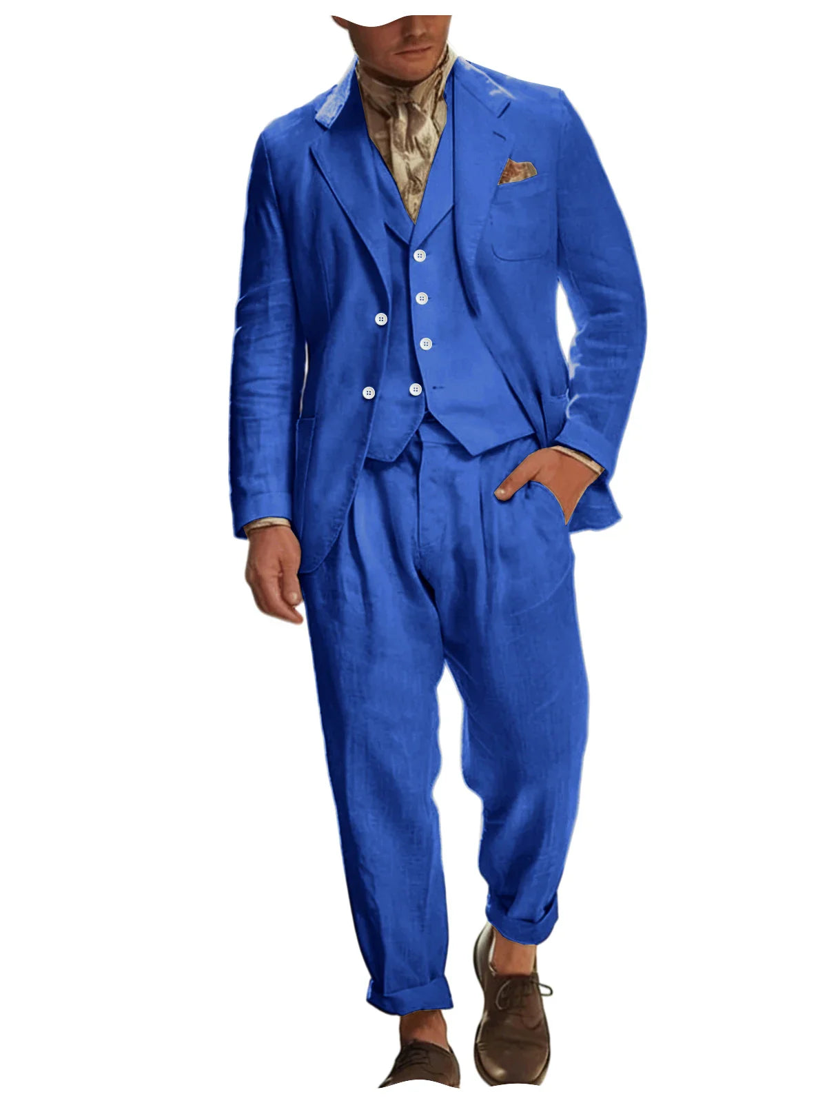 Italian Style Men's Linen 3 Piece Set Notch Lapel 2 buttons Blazer+Vest+Pants Breathable Lightweight Summer Casual Business Suit