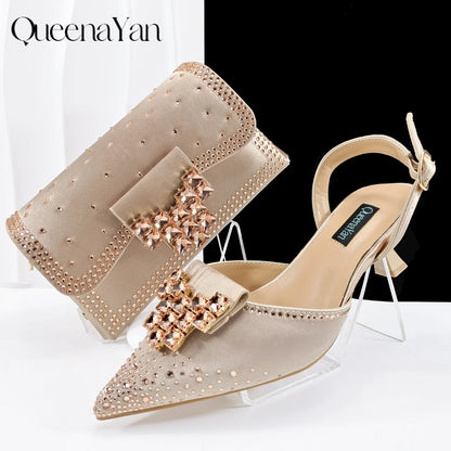 2026 New Elegant Coffee Color Pointed-Toe Italian Women's High-Heeled Shoe and Bag Set with Diamond Design for Parties