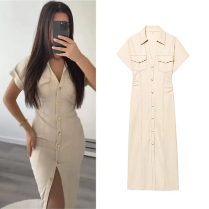 2025  Spring New 1975 series denim MIDI dress with lapel side zipper fashion wrinkle waist slim elegant dress
