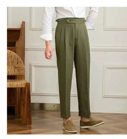 Linen Cotton High Waist Straight Casual Pants Men Versatile Naples Gentleman Pleated Pants High Quality Italian Dress Trousers