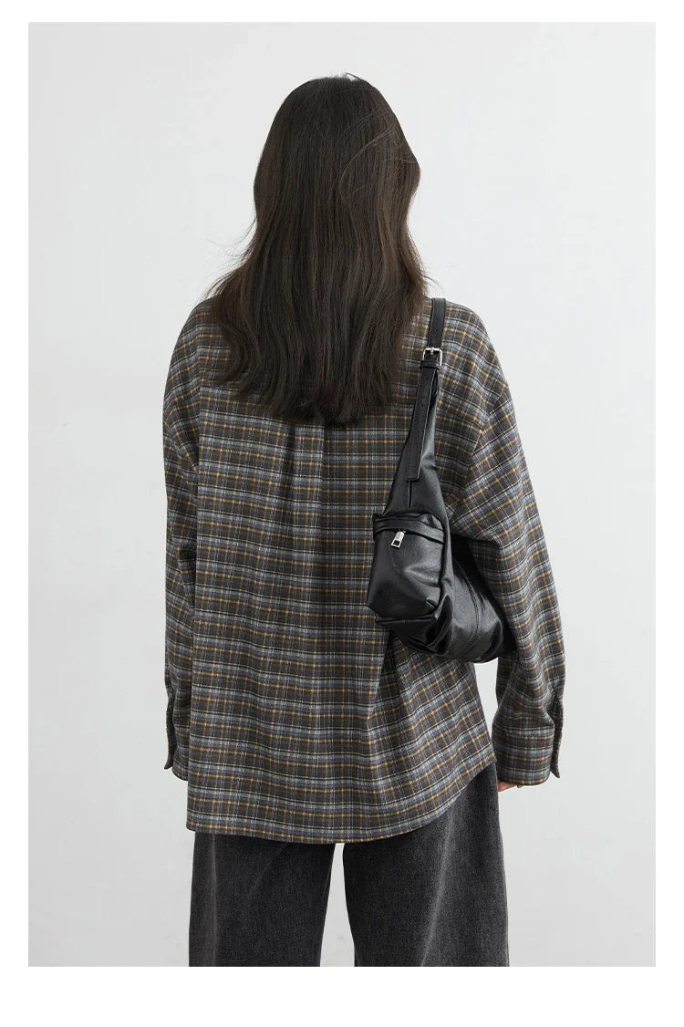New Women Shirt Loose Casual Long Sleeved Vintage Thick Sanding Female Plaid Blouses Single-breasted Autumn Winter 2026