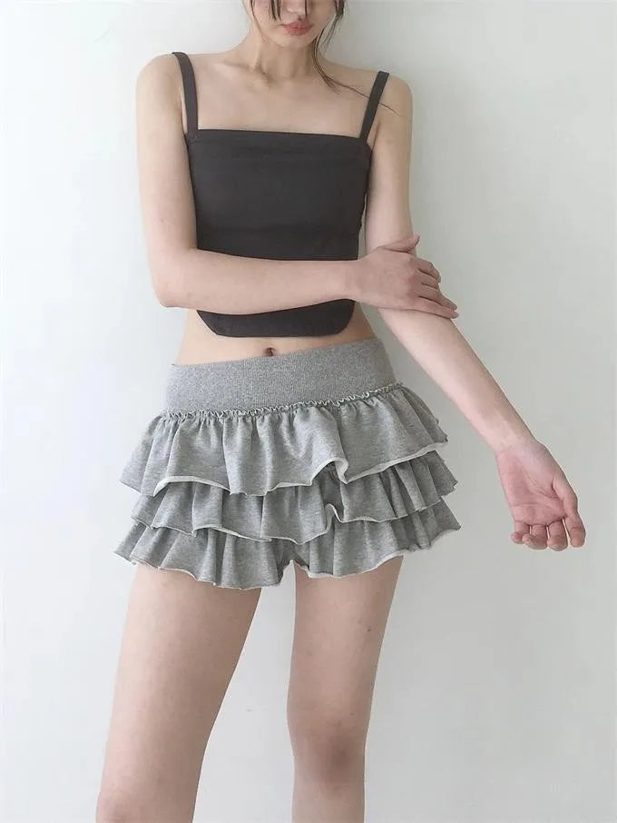 Y2k Lolita Mini Cake Skirt Soft Girl low Waist Ruffle Fluffy Fairy Skirts Summer Kawaii Cute Elegant Short Skirt Black