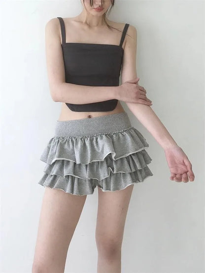 Y2k Lolita Mini Cake Skirt Soft Girl low Waist Ruffle Fluffy Fairy Skirts Summer Kawaii Cute Elegant Short Skirt Black