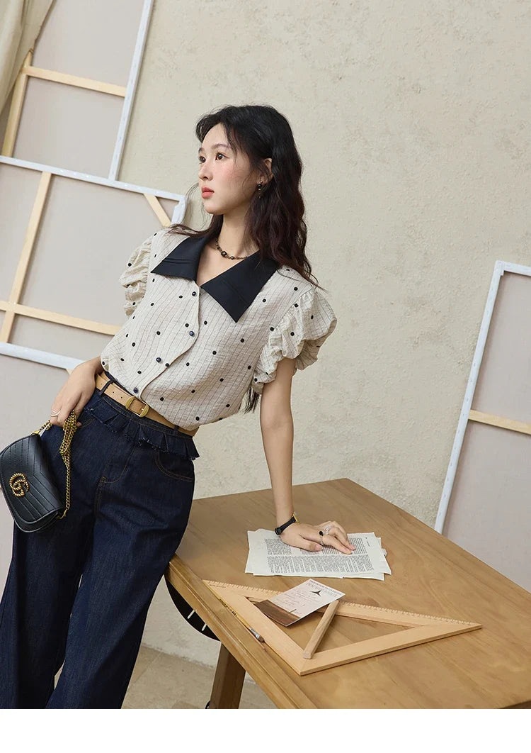 Summer Office Lady Blouses Women 2025 Short Sleeve Turn-down Collar Polka Dot Shirts Female Fashion Slim Tops MXE31C0776