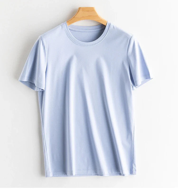 6% Real Silk Cotton Modal Women's T-shirt 2026 Summer Tees Short Sleeve Solid Tee Shirts V-neck Casual Woman Basic T shirt Tops