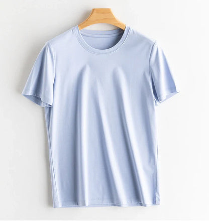 6% Real Silk Cotton Modal Women's T-shirt 2026 Summer Tees Short Sleeve Solid Tee Shirts V-neck Casual Woman Basic T shirt Tops