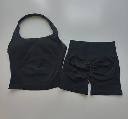 Sexy Halter Neck Beautiful Back High Waist Peach Sports Bras Shorts Suit Pilates Gathering Yoga Vest Training Fitness Bra Sets
