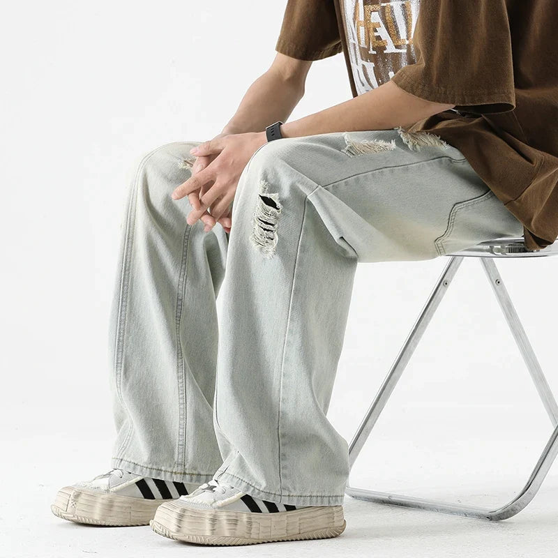 Men's Summer Ripped Jeans Loose Straight Leg Retro Men Draw Rope Port Fashion Brand All-match Casual Pants