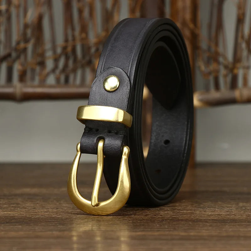 2.4 CM Pure Cowhide Genuine Leather Ladies High Quality Jeans Brass Buckle Belts Cowboy Fashion Designer Belts for Women luxury