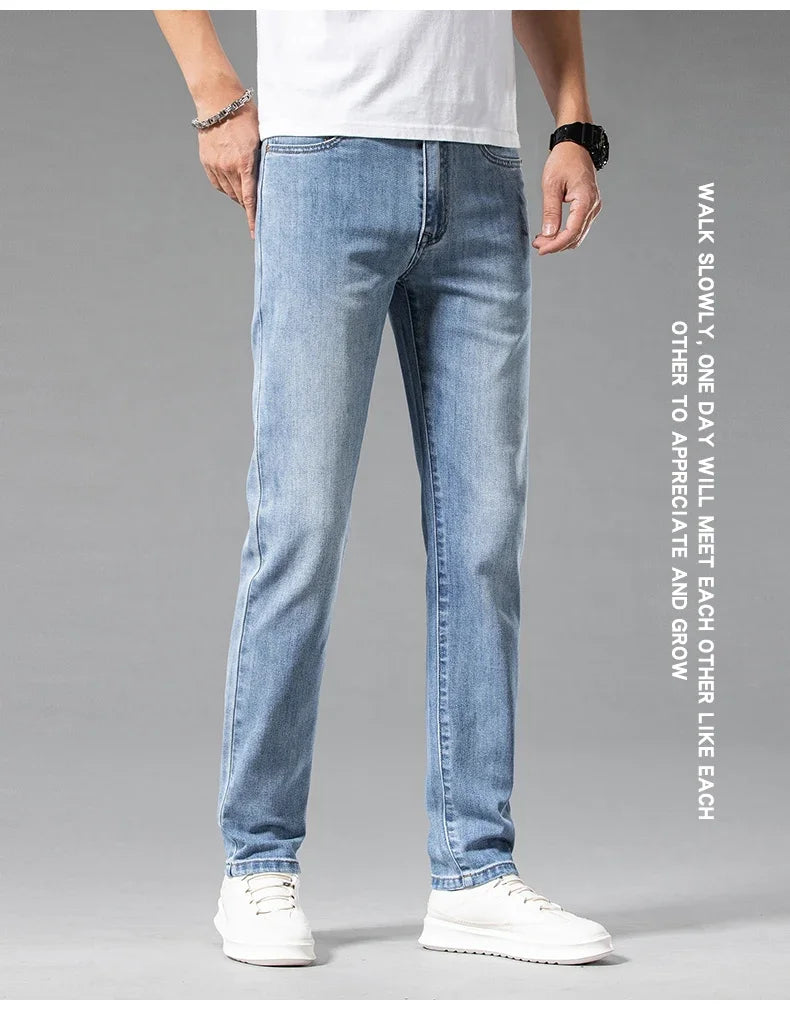 New Summer 98% Cotton Men's Business Casual Jeans Straight Soft Stretch Fabric Baggy Denim Pants Male Brand Trousers