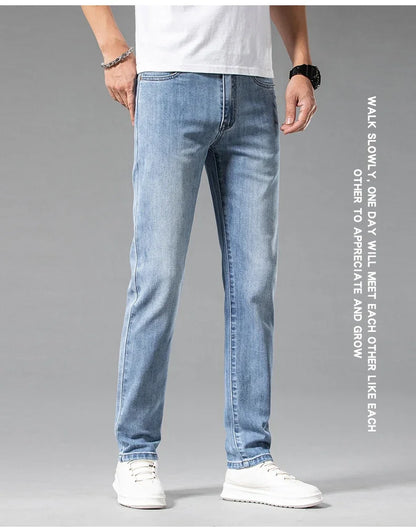 New Summer 98% Cotton Men's Business Casual Jeans Straight Soft Stretch Fabric Baggy Denim Pants Male Brand Trousers