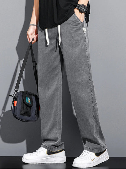 Summer Soft Lyocell Fabric Men's Jeans Thin Loose Straight Pants Drawstring Elastic Waist Korea Casual Trousers Plus Size M-5XL