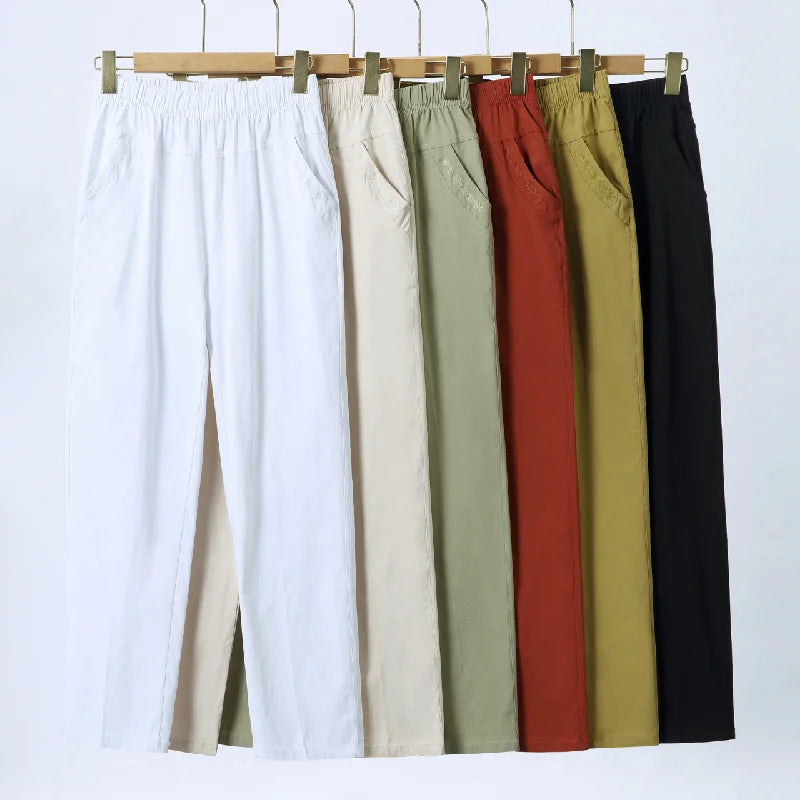 Summer Casual Washed Cotton Women's Plus Size Pants 2025 Elastic Waist Office Casual Outdoor Trousers Breathable Cool Clothing