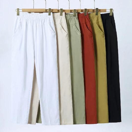 Summer Casual Washed Cotton Women's Plus Size Pants 2025 Elastic Waist Office Casual Outdoor Trousers Breathable Cool Clothing