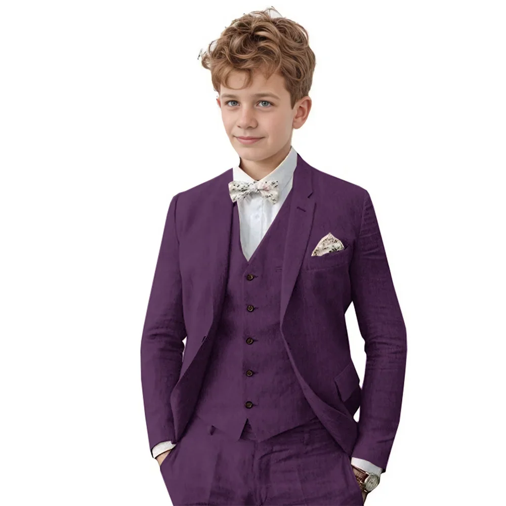 Breathable Linen Boys Suit Set 3 Pieces For Wedding Party,Notched Lapel Kids Suits Piano Performance Outfit Toddler 3-16Y