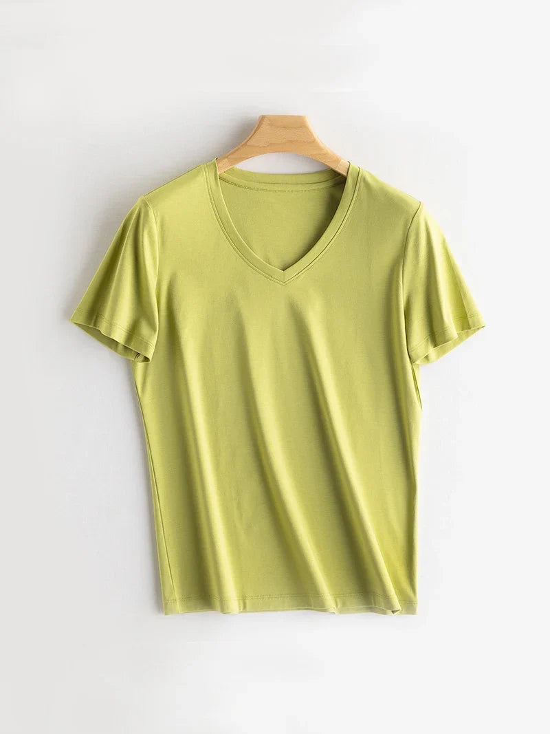 Women Solid T shirts, Silk Cotton Blend, O Neck, Short Sleeved Solid Tee,2025 Summer Candy Colors Basic Cozy Top Green