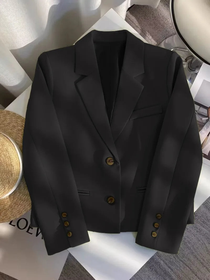 Black Cropped Blazers Woman Trend 2025 New All-match Notched Collar Crop Jacket Women Korean Chic Single Button Suit Coat Tops