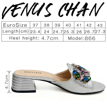 2026 Silver Rhinestone Mules Matching Bag Set Women Peep Toe Block Heel Sandals Wedding Evening Crossbody Handbag