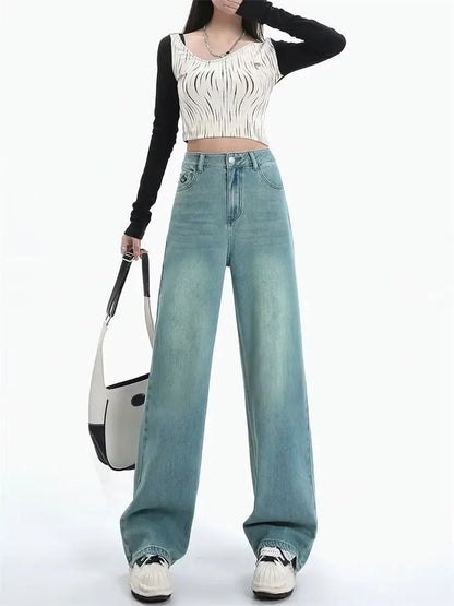 Women Comfortable Thin Denim Pants New Female Vintage Mid Waisted Jeans Pants Girls Smile Edition Straight Leg Jeans Trousers